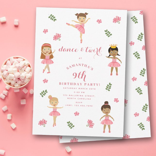 Convites Balé Dança e Ballerina Rosa Brilhante Aniversário (Ballet Dance & Twirl Pink Ballerina Birthday Invitation)