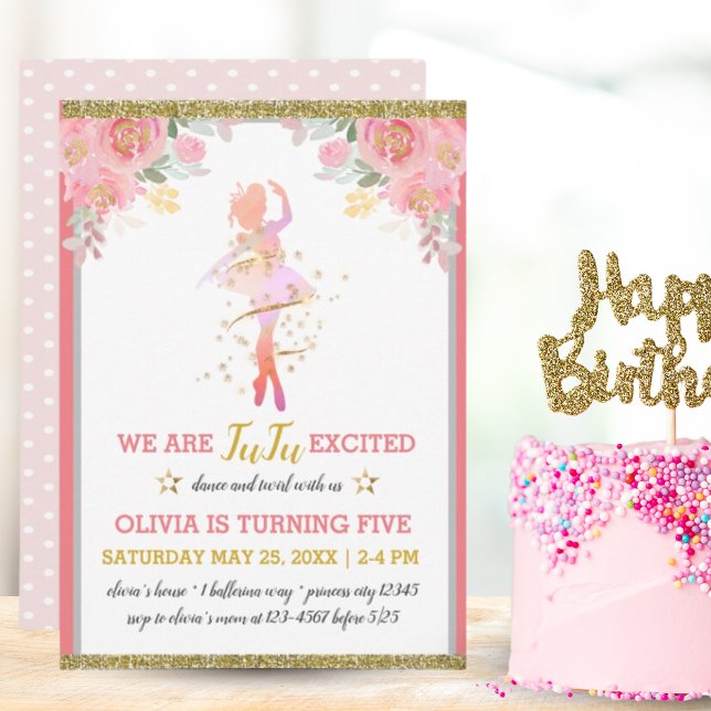 Convites Balé Dançarina Rosa, Festa de aniversário Floral (Ballet Dancer Pink Floral Girl Birthday Party Invitation)
