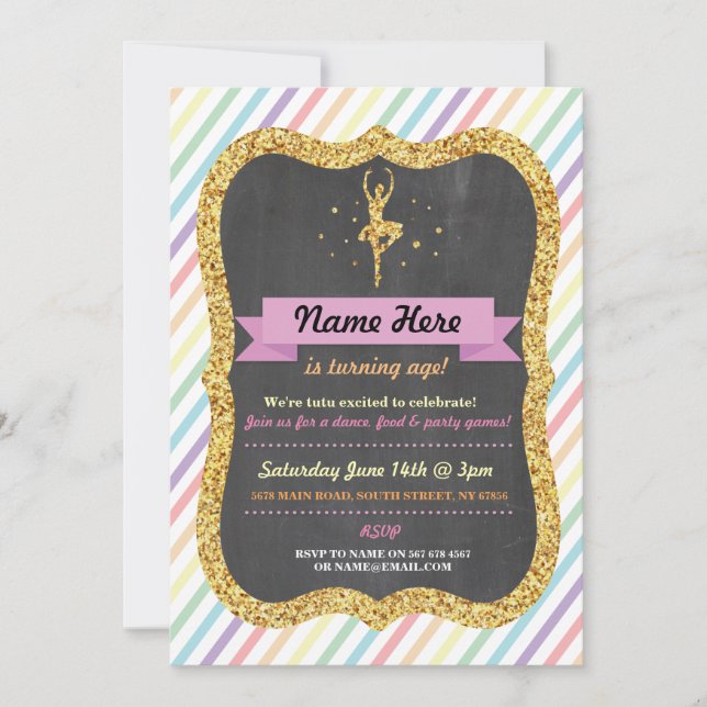 Convites Balé Rainbow Tutu Dourado Glitter Birthday Invite (Frente)