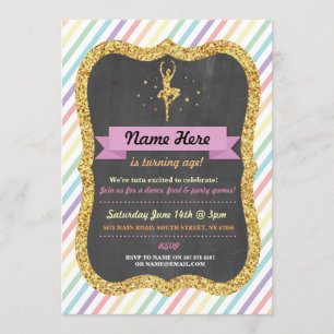 Convites Balé Rainbow Tutu Dourado Glitter Birthday Invite