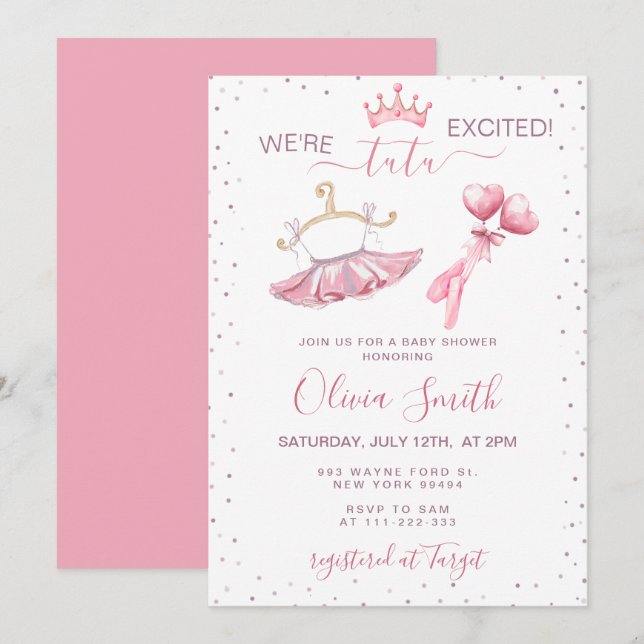 Convites Balé Tutu Bonito Slippers Chá de fraldas Ballerina (Frente/Verso)
