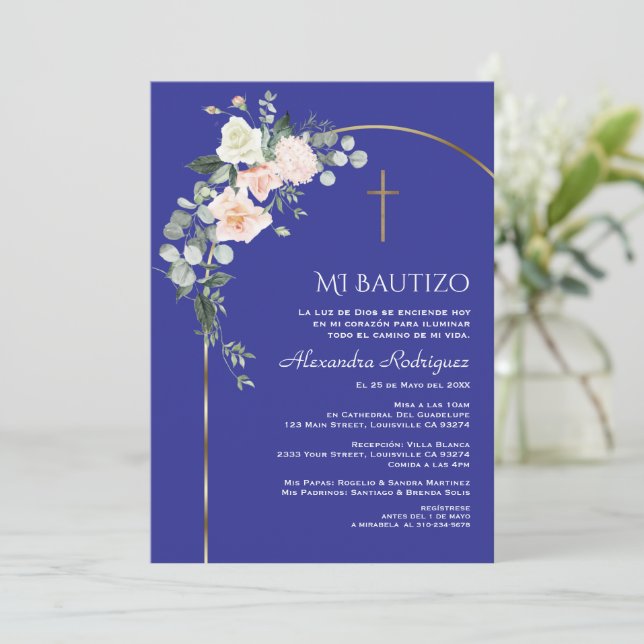 Convites Baleeiro Floral Azul-Espanhol de Arca Dourada Eleg (Em pé/Frente)