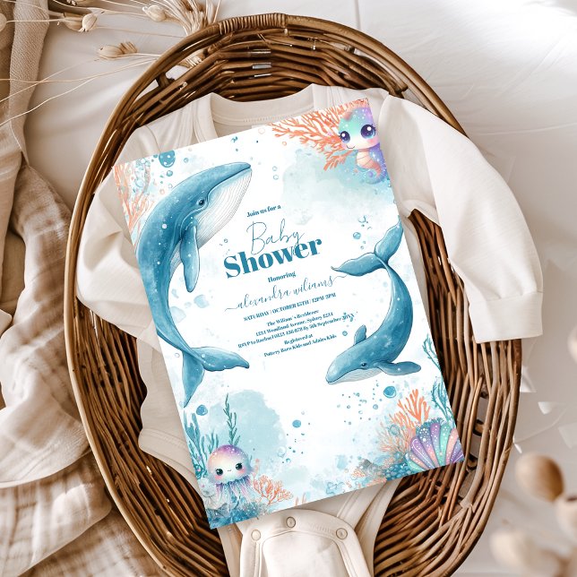 Convites Baleia Aquarela sob o Chá de fraldas do mar (Criador carregado)
