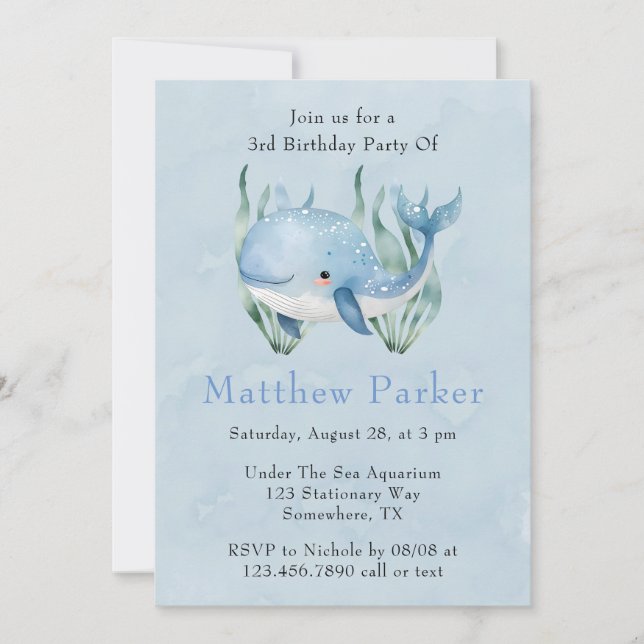 Convites Baleia Azul Sob A Festa de aniversário Do Garoto D (Frente)