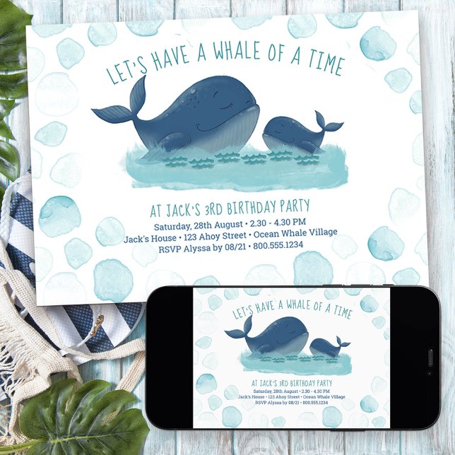 Convites Baleia de um feliz aniversário de baleias marinhas (Whale of a Time nautical themed birthday invitation)