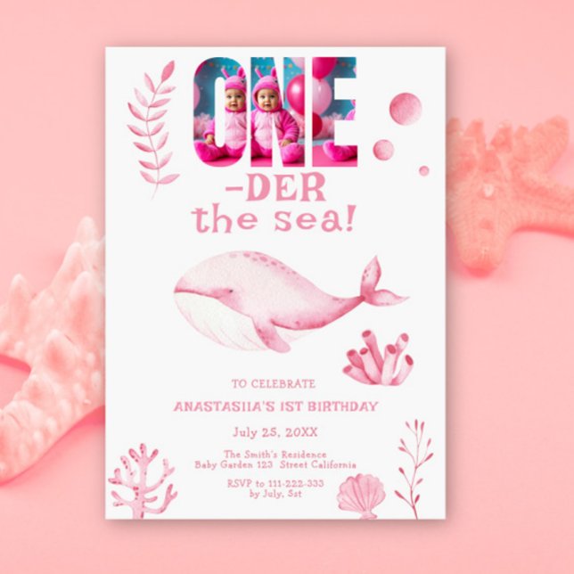Convites Baleia Rosa Debaixo Do Mar 1º Aniversário  (Criador carregado)