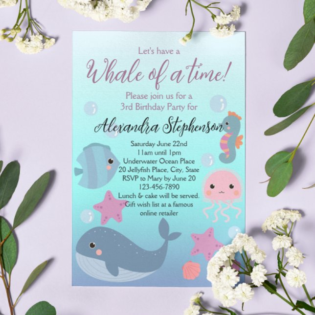 Convites Baleia sob o Mar Ocean Beach Girls Aniversário (under the sea whale girls birthday party invitation
)