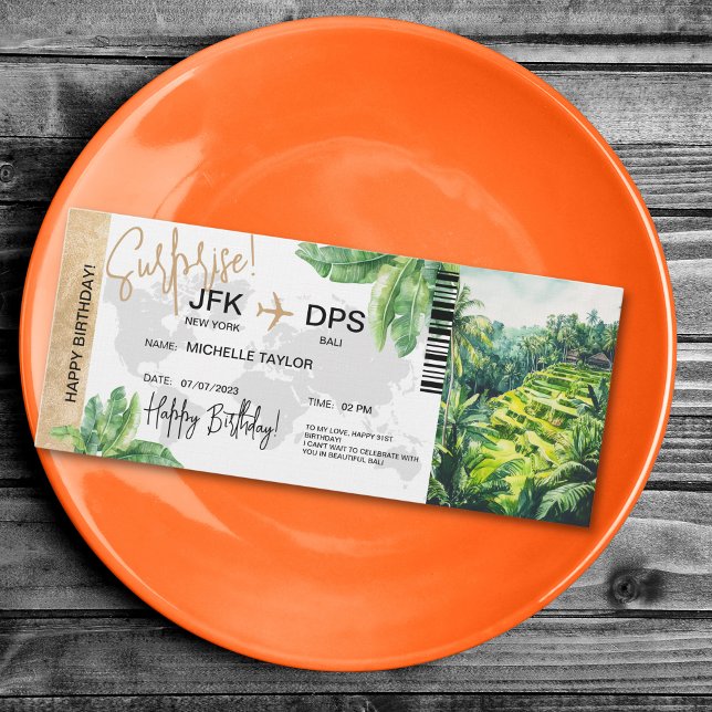 Convites Bali Retreat Surprise Birthday Boembarque Pass (bali yoga retreat surprise boarding pass trip ticket)