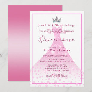 Convites Ball Gown e Tiara Quinceañera Aniversário Rosa