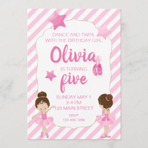 Convites Ballerina Aniversário com listras cor-de-rosa