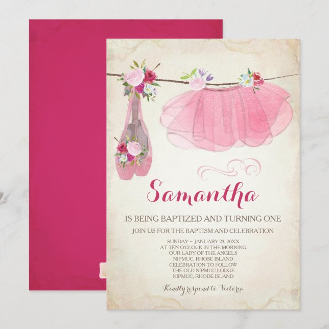Convites Ballerina Baptism e Calçados de Balé de aniversári (Frente/Verso)