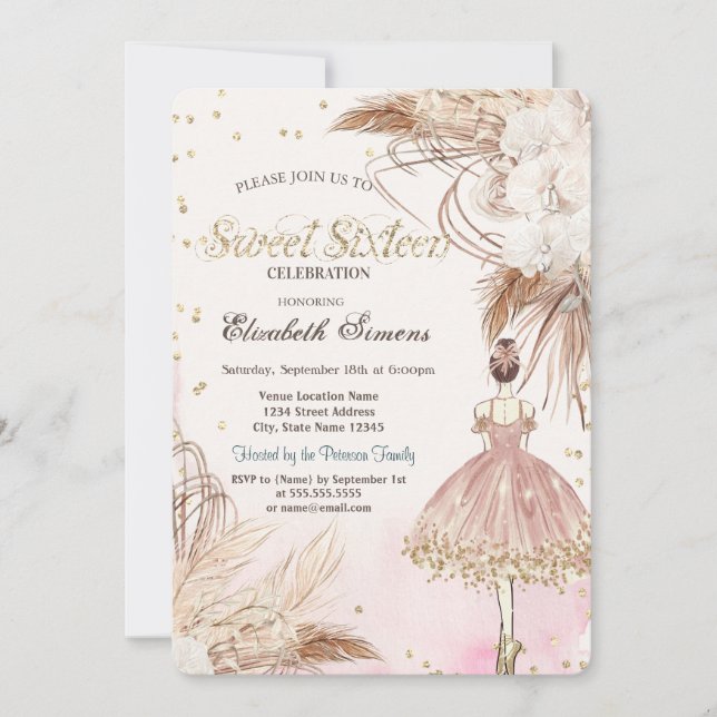 Convites Ballerina Boho Flores Rose Gold Doce 16  (Frente)