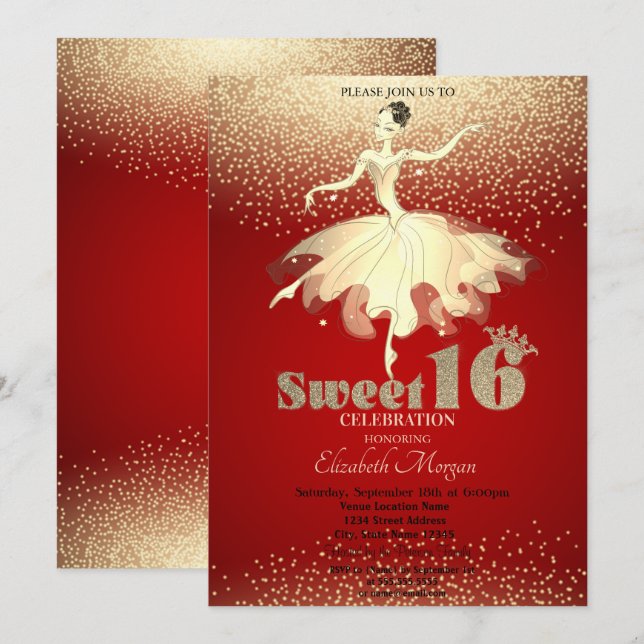 Convites Ballerina, Dourada Confetti Glitter Red Sweet 16 (Frente/Verso)