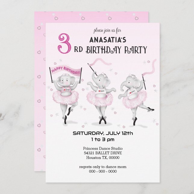 Convites Ballerina Elephant Dance Considerando (Frente/Verso)