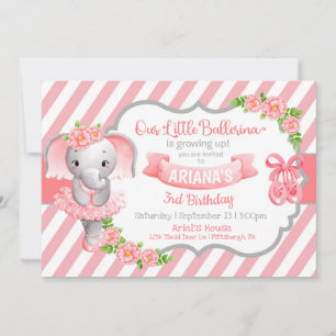 Convites Ballerina Elephant Pink Aniversário