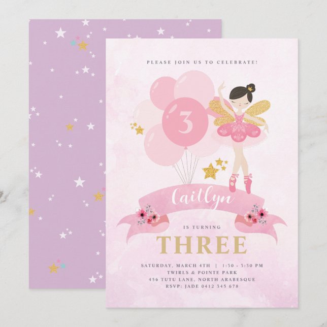 Convites Ballerina Fairy, Rosa e Dourada, Aniversário (Frente/Verso)