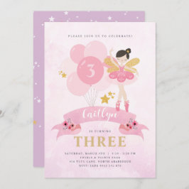 Convites Ballerina Fairy, Rosa e Dourada, Aniversário