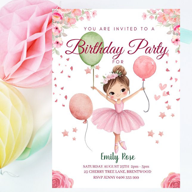 Convites Ballerina Floral Cor-de-Rosa Personalizada (Personalized Ballerina Birthday Invitation for Girls - Pink Ballet Party Invite with Balloons & Name)
