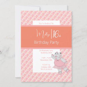 Convites Ballerina Hippo Floral Rosa ilusima Aniversário de