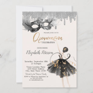 Convites Ballerina Máscara Brilho Gotas Quinceanera