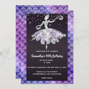Convites Ballerina Mermaid gliter, festa roxa de meninas ro