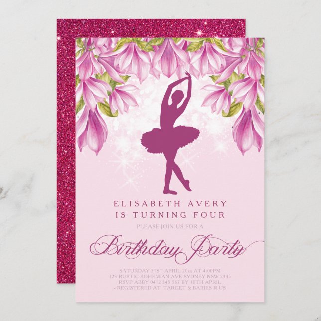 Convites Ballerina Pink Birthday (Frente/Verso)