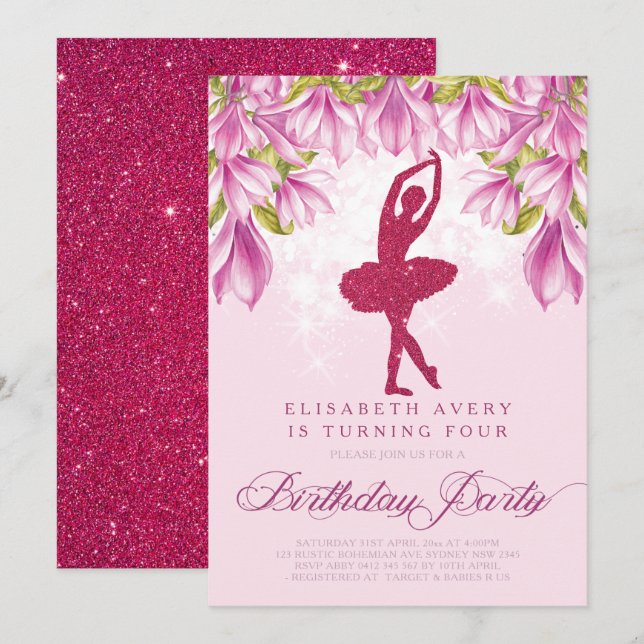 Convites Ballerina Pink Glitter Birthday (Frente/Verso)