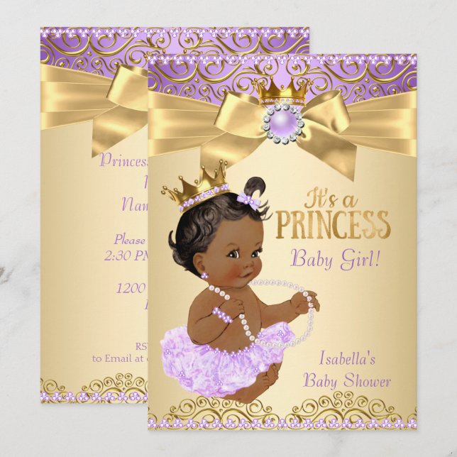 Convites Ballerina Princesa Bebê Chuvada Lilás Ouro Étnico (Frente/Verso)