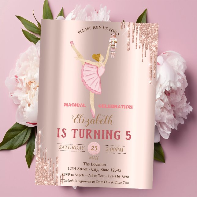 Convites Ballerina Quebra-Nozes Drips Dourado Rosa Aniversá (Criador carregado)