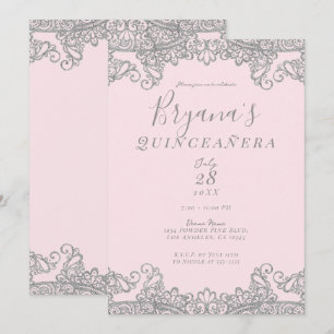 Convites Ballerina Rosa Brilho Prata Renda Quinceañera