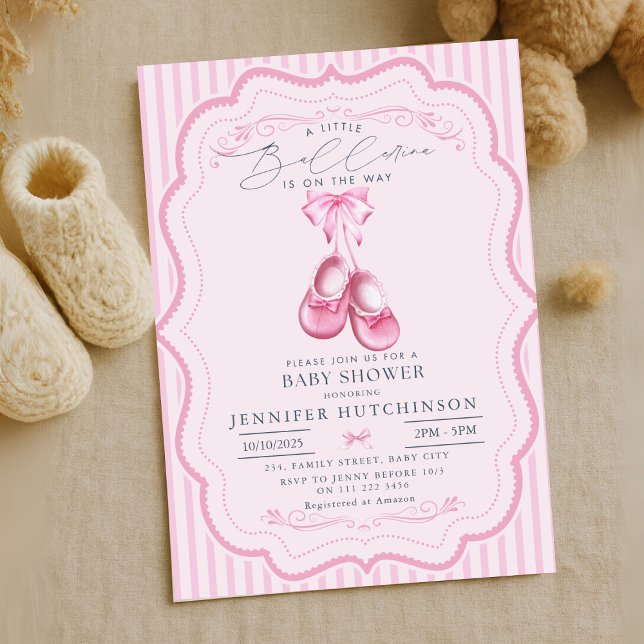 Convites Ballerina rosa no Way Girl Chá de fraldas (Pink Ballerina On The Way Girl Baby Shower Invitation)