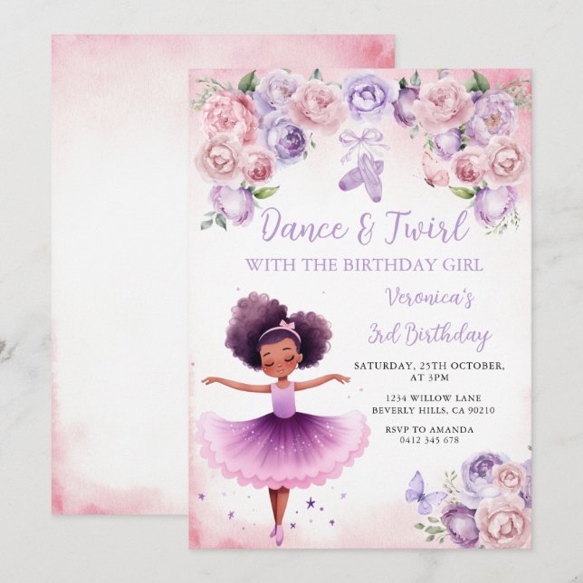 Convites Ballerina Roxa Aniversário de 3 anos (Frente/Verso)