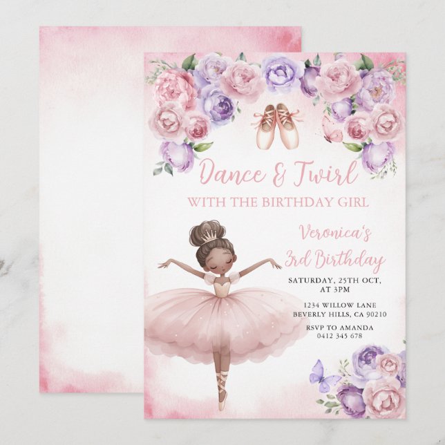 Convites Ballerina Roxa Aniversário de 3 anos (Frente/Verso)