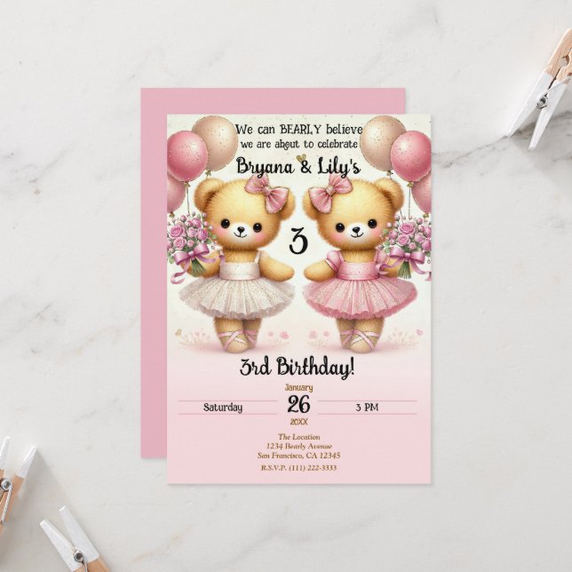 Convites Ballerina Twinkle Toes Twin Bears Festa de anivers (Frente/Verso In Situ)