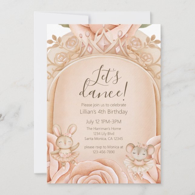 Convites Ballet Princess Girls Fourth Birthday  (Frente)