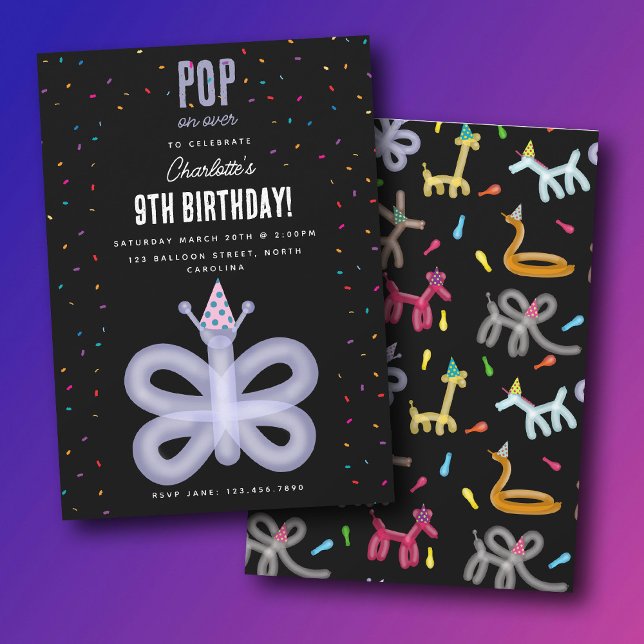 Convites Balloon Animals Butterfly Kids Birthday Party (Balloon Animals Butterfly Kids Birthday Party Invitation)