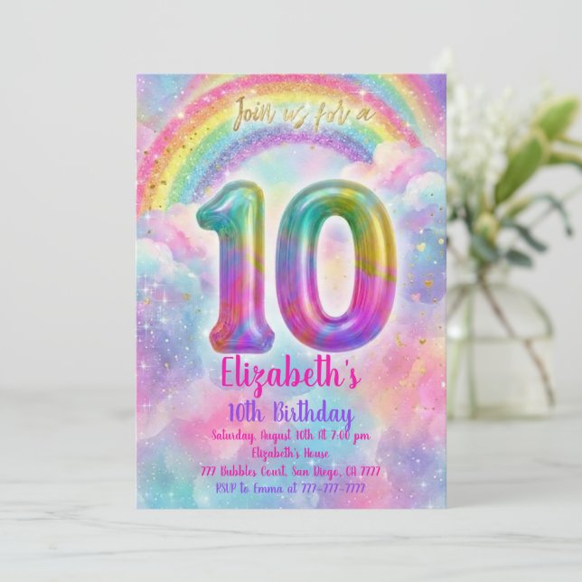 Convites Balloons Birthday 10th Birthday  (Em pé/Frente)