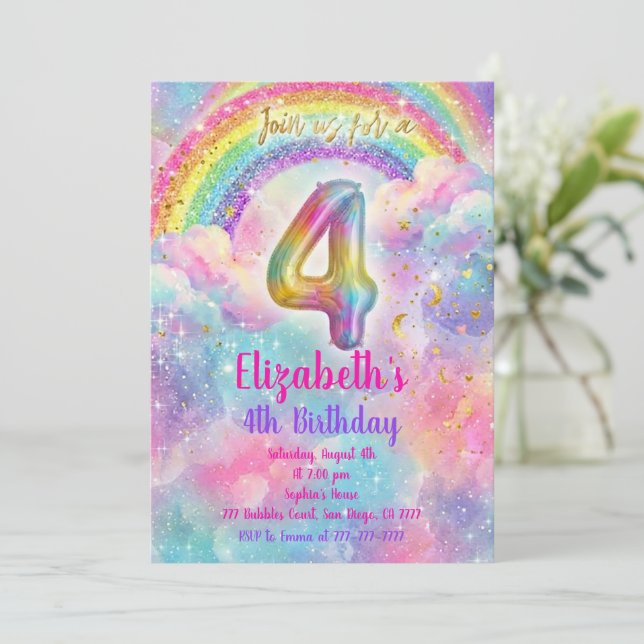 Convites Balloons Birthday 4th Birthday  (Em pé/Frente)