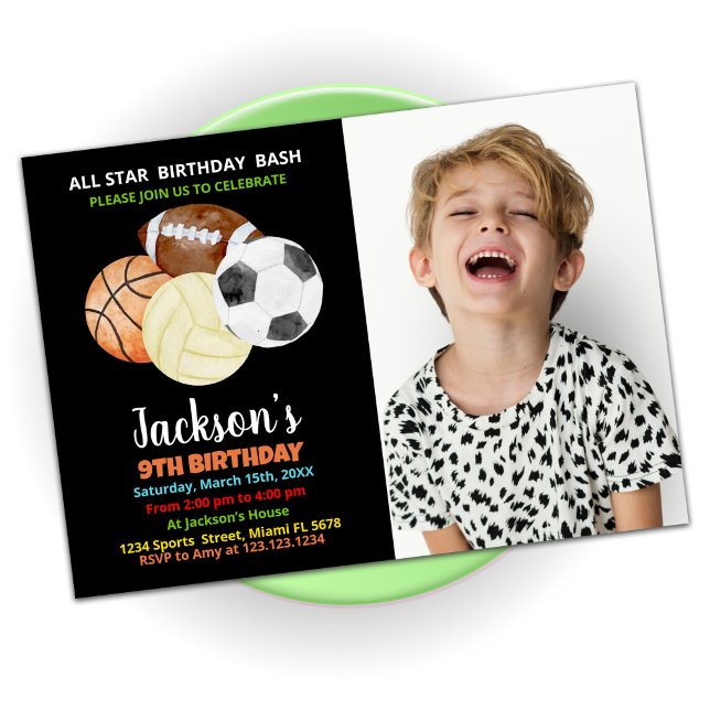 Convites Balls Black Orange Sports Birday com foto (Criador carregado)