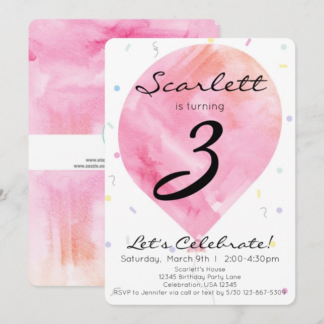 Convites Baloão Aquarela Rosa Aniversário Menina (Frente/Verso)