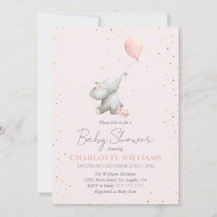 Convites Baloão de Elefante Fofo Rosa Dourado Chá de Bebê M