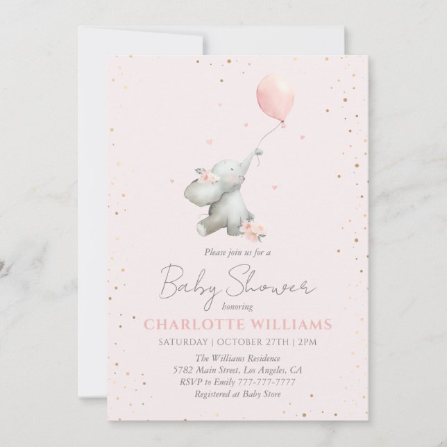 Convites Baloão de Elefante Fofo Rosa Dourado Chá de Bebê M (Frente)