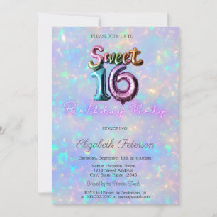 Convites Baloão Iridescente Holográfico Moderno Sweet 16
