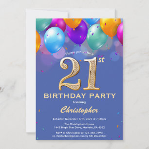 Convites Balões aniversário de 21 anos azuis e Dourados C