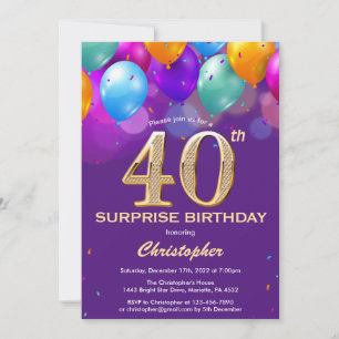Convites Balões aniversário de 40 anos púrpura e Dourados s