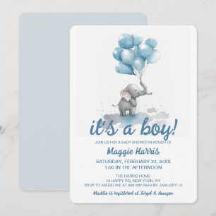Convites Balões Azuis de Elefante Fofo É um Menino Chá de B