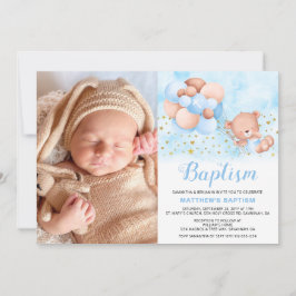 Convites Balões Azuis do Urso Teddy Foto Batismo das Estrel