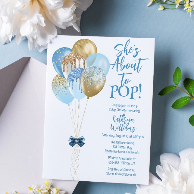 Convites Balões Azuis Ela está prestes a Pop Chá de fraldas ("She's Ready to POP!" Blue and Gold Translucent Glitter Balloons Boy Baby Shower Invitation)