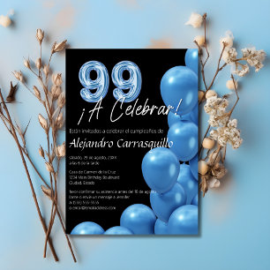 Convites Balões Azuis Elegantes Espanhóis Preto Aniversário