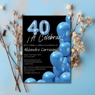Convites Balões Azuis Espanhóis em Preto Aniversário de 40